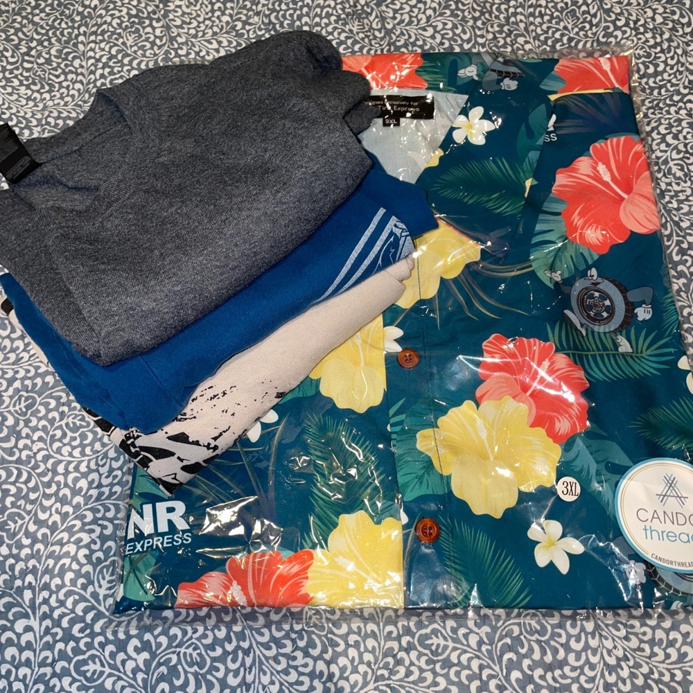 Work Shirts Bundle Mens 3XL Teal Tropical NWT - 3 Used Tire Shop T-Shirts M/L - Picture 2 of 5
